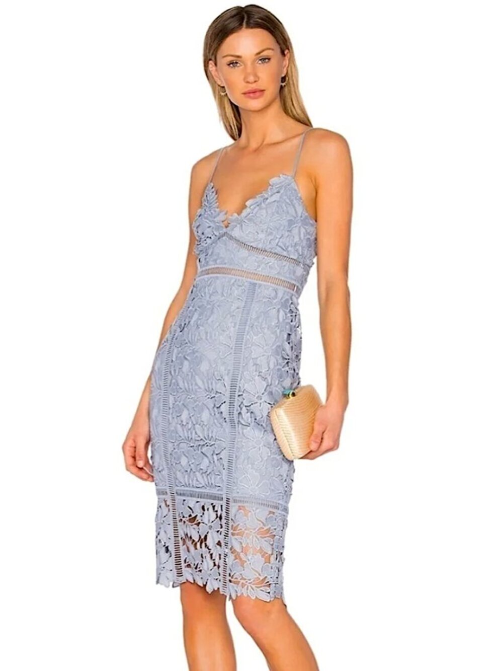 BARDOT Botanica Lace Sheath Dress Blue Knee Length V-Neck Cutout Back REVOLVE